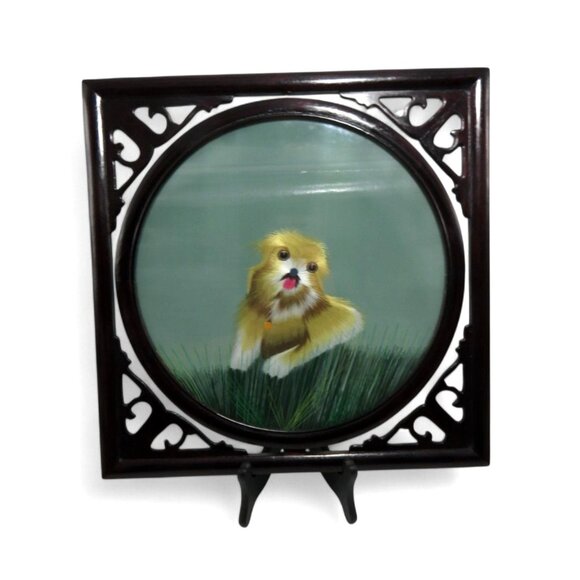 Double Sided Suzhou China DOG on Grass Silk EMBROIDERY Framed Glass and Wood 14" - Picture 4 of 11